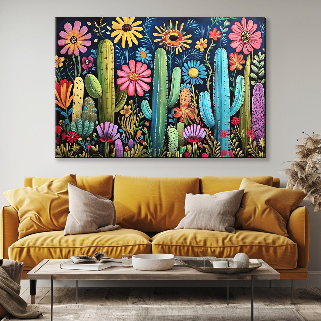 a living room with a couch and a painting on the wall