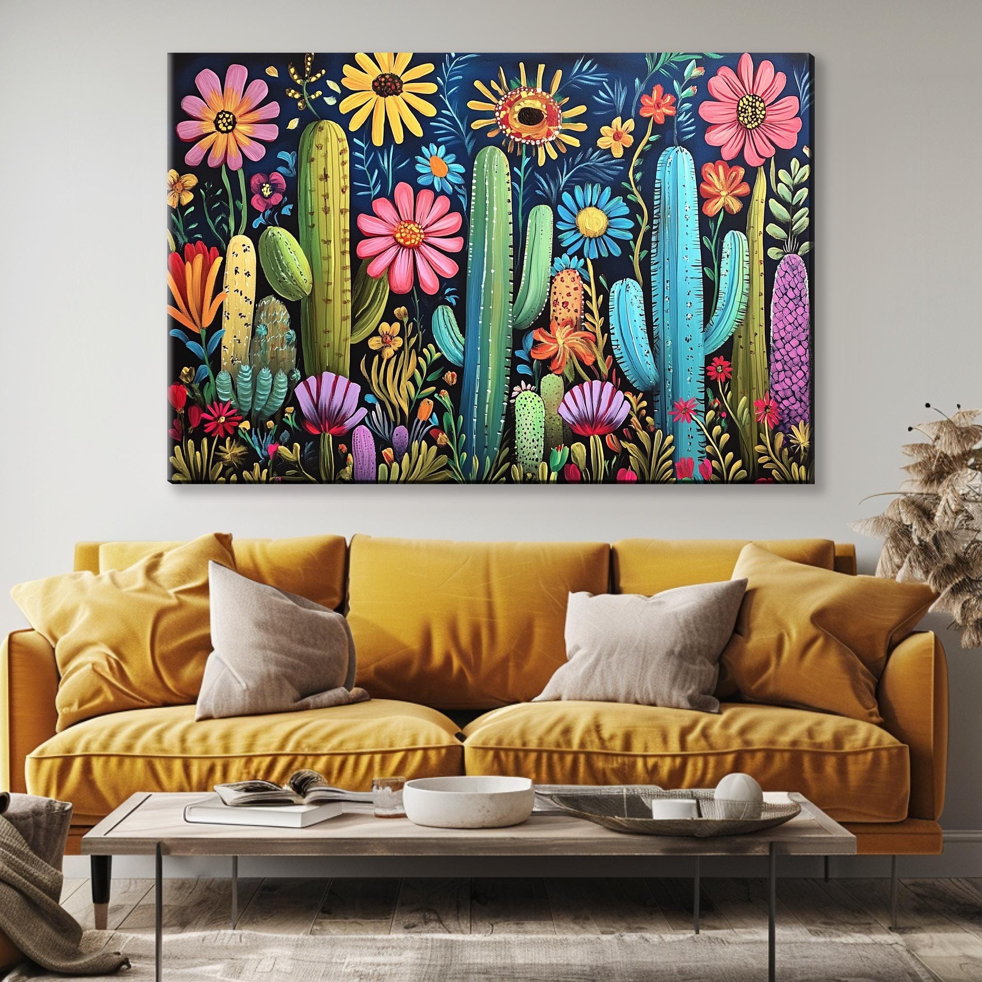 a living room with a couch and a painting on the wall