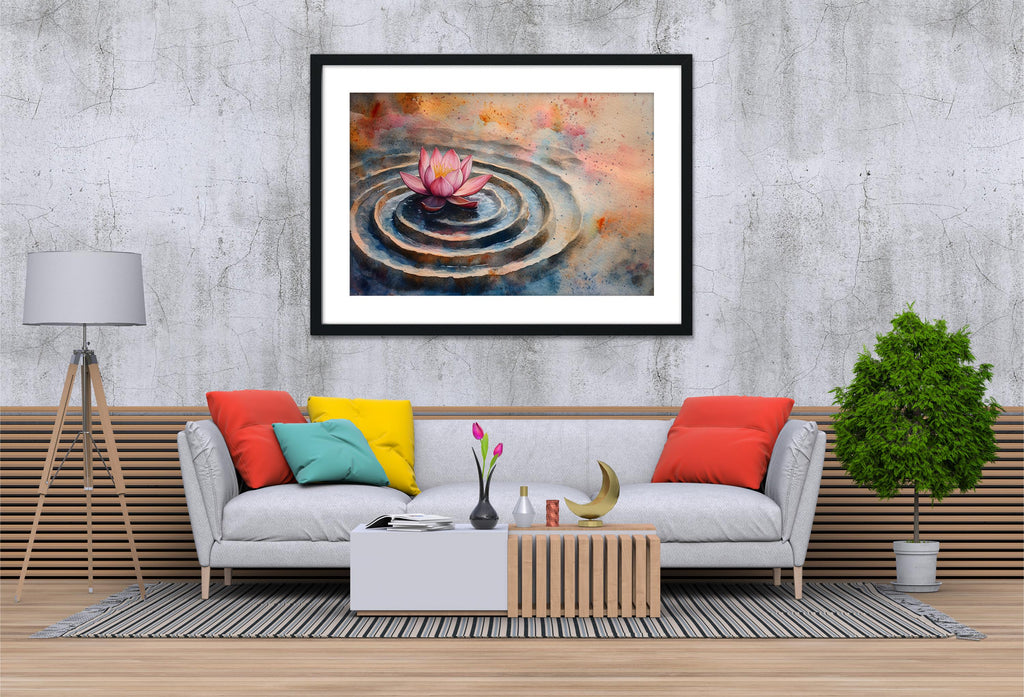 a serene living room with a gray sofa adorned with colorful pillows, a wooden coffee table, and a framed painting of a lotus flower in a pond. The painting is hung on a gray wall above the sofa, creating a harmonious and tranquil atmosphere in the space.