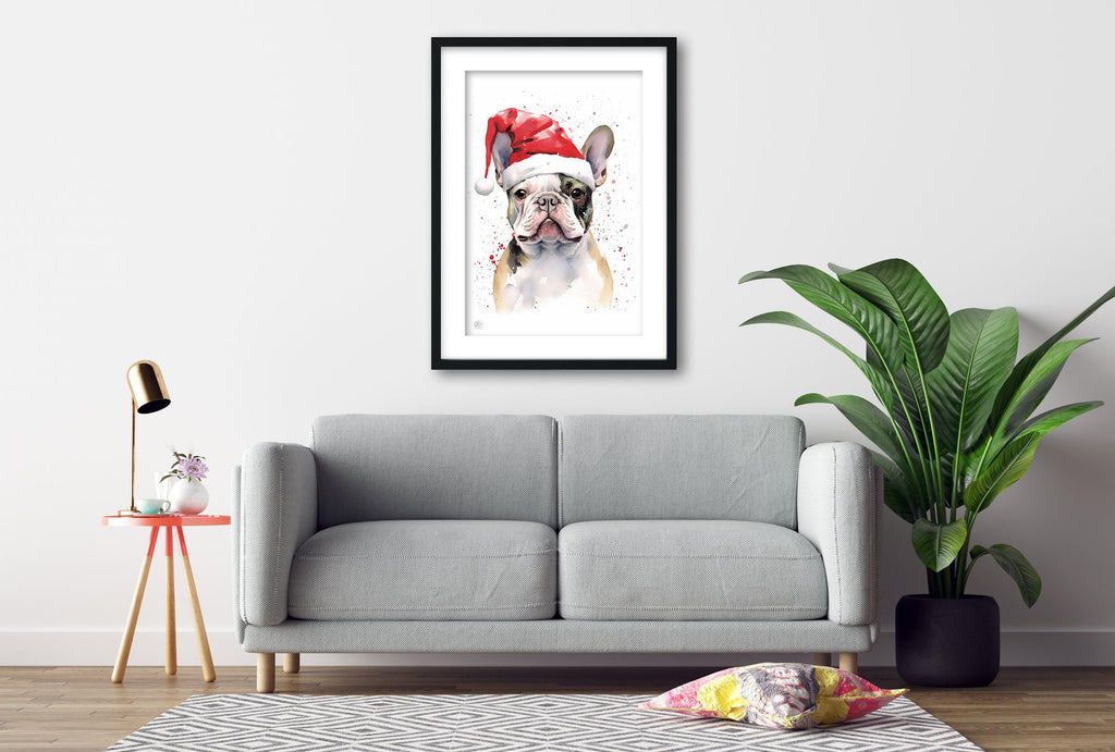 Holiday Frenchie - Watercolor French Bulldog with Santa Hat, Print on Canvas, Artist Paper, Watercolor Paper, Available in Extra Large Sizes
