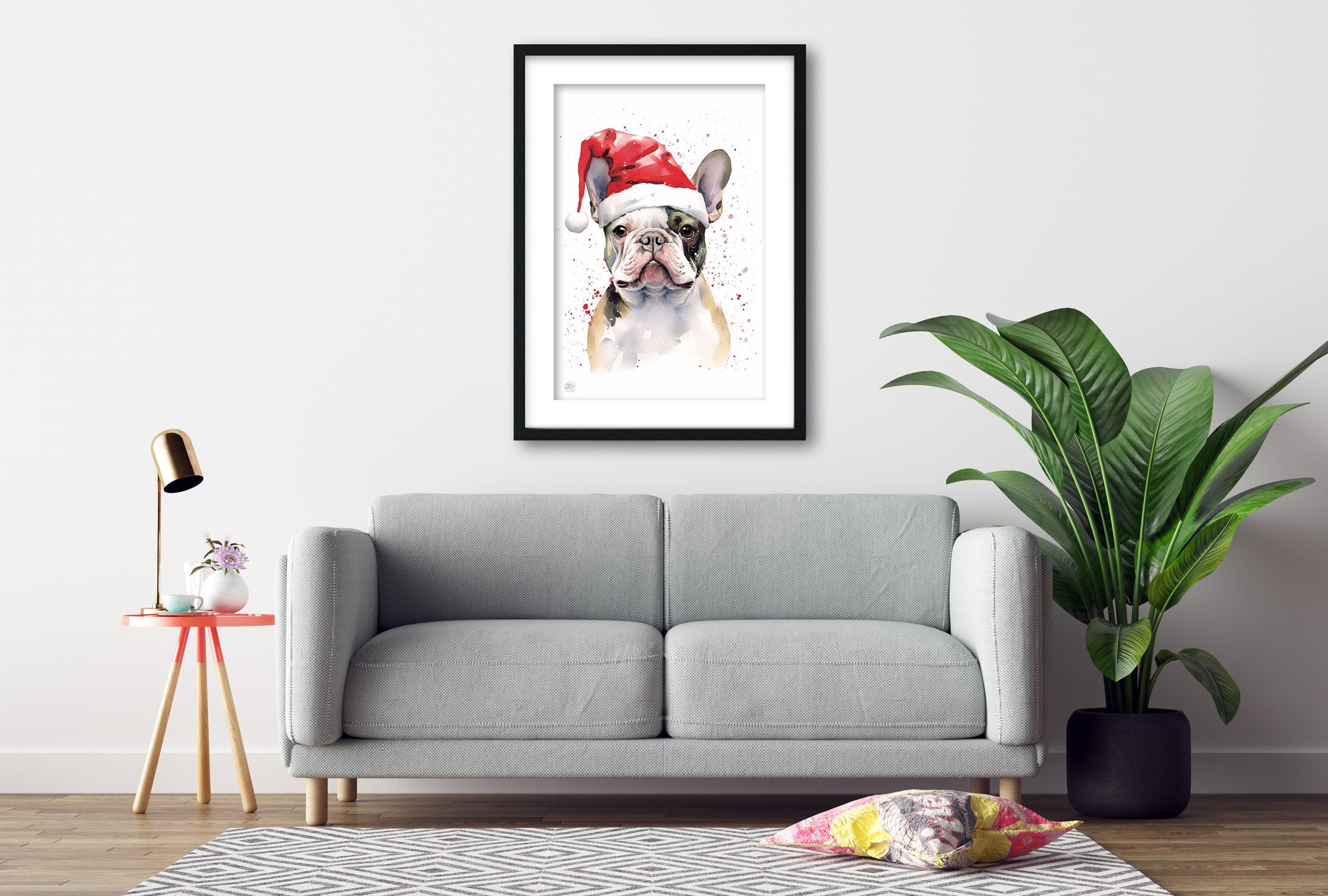 Holiday Frenchie - Watercolor French Bulldog with Santa Hat, Print on Canvas, Artist Paper, Watercolor Paper, Available in Extra Large Sizes