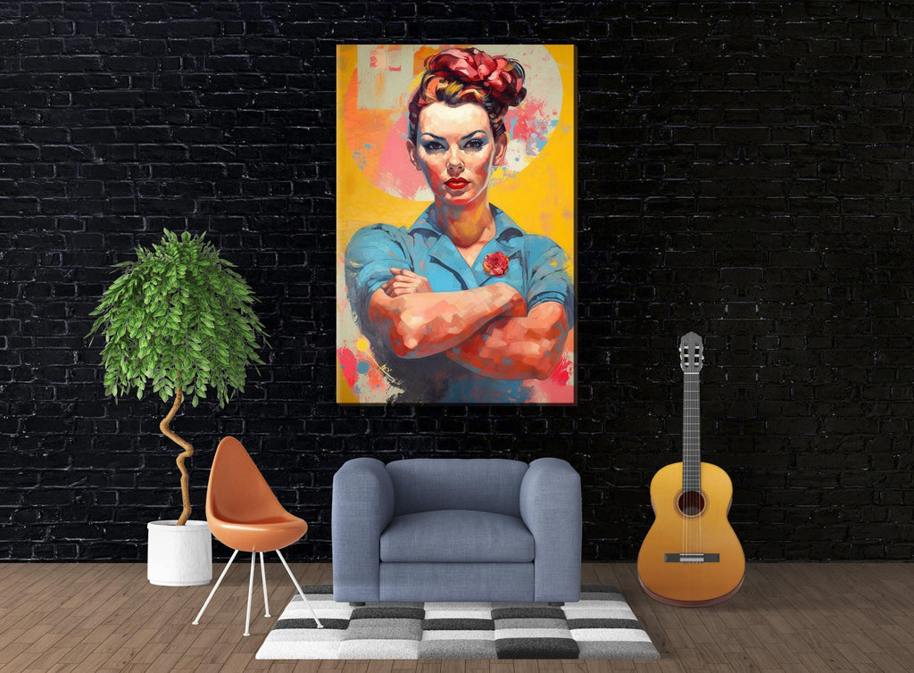 a large, colorful painting of a woman with a determined expression, hanging on a black brick wall. In front of the painting, there is a gray armchair, a potted plant, and a guitar.