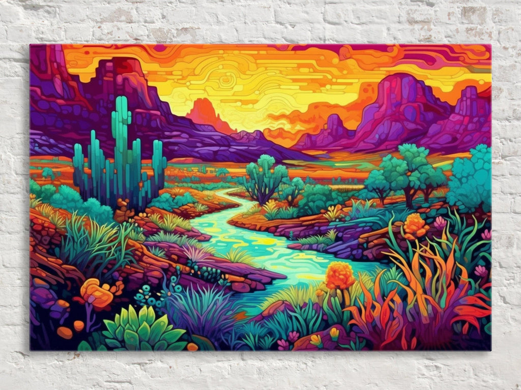 Neon Desert Canvas - Vibrant Southwest Wall Art | Phad Style Painting on Large Canvas