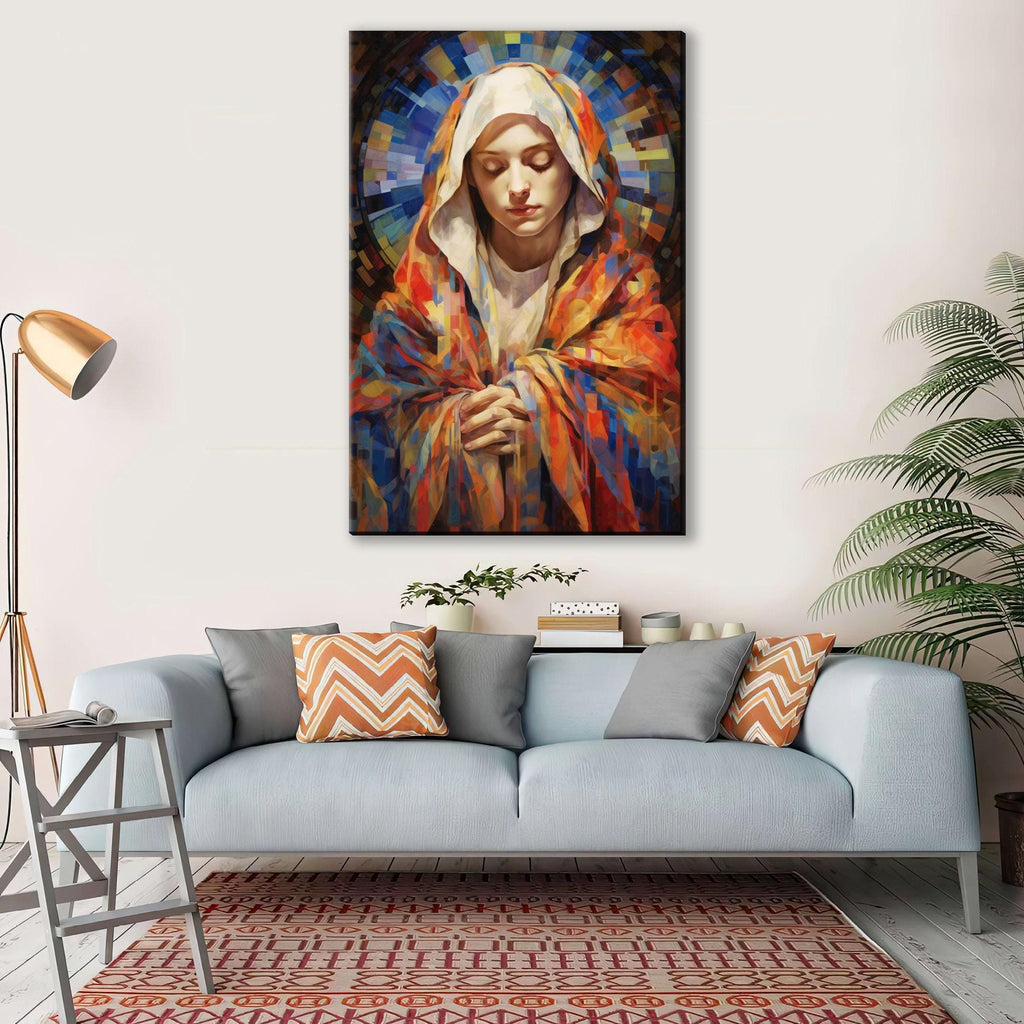 Virgin Mary Canvas Art – Large Gallery Wrapped Canvas with Soft Hues & Wood Frame