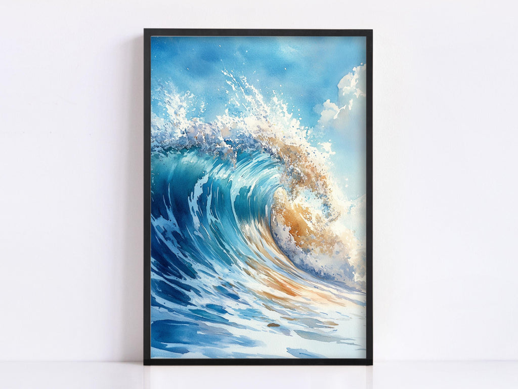 a large, powerful wave crashing against the shore, with the water in shades of blue and white and the sky above filled with clouds.