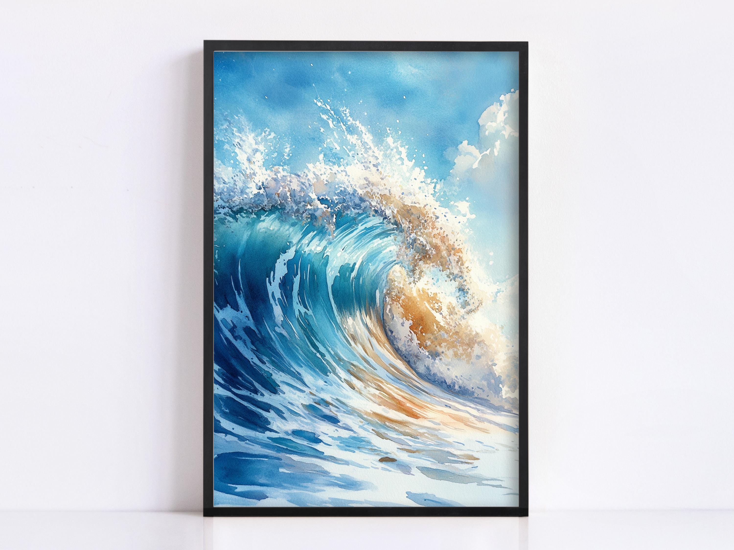 a large, powerful wave crashing against the shore, with the water in shades of blue and white and the sky above filled with clouds.