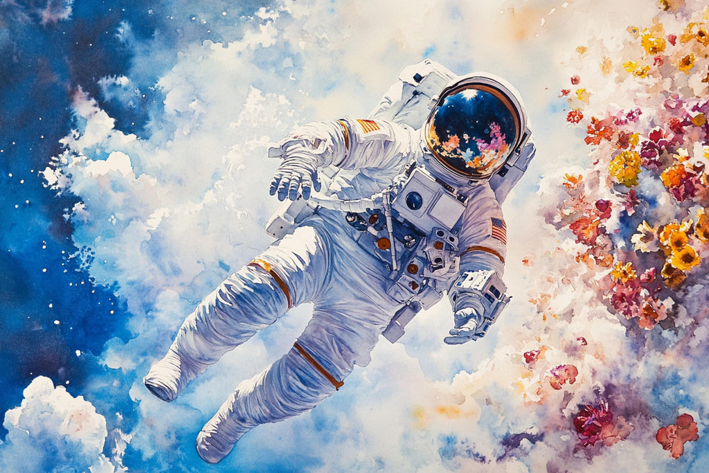 An astronaut floating in space, wearing a white spacesuit with orange and blue accents, against a backdrop of a blue sky with fluffy white clouds and colorful flowers.