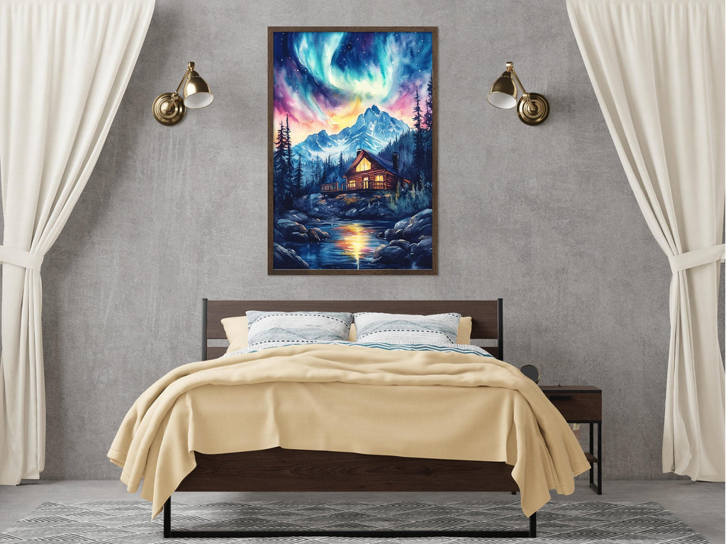 a bedroom with a large painting of a mountain landscape hanging on the wall above a bed with a yellow blanket.