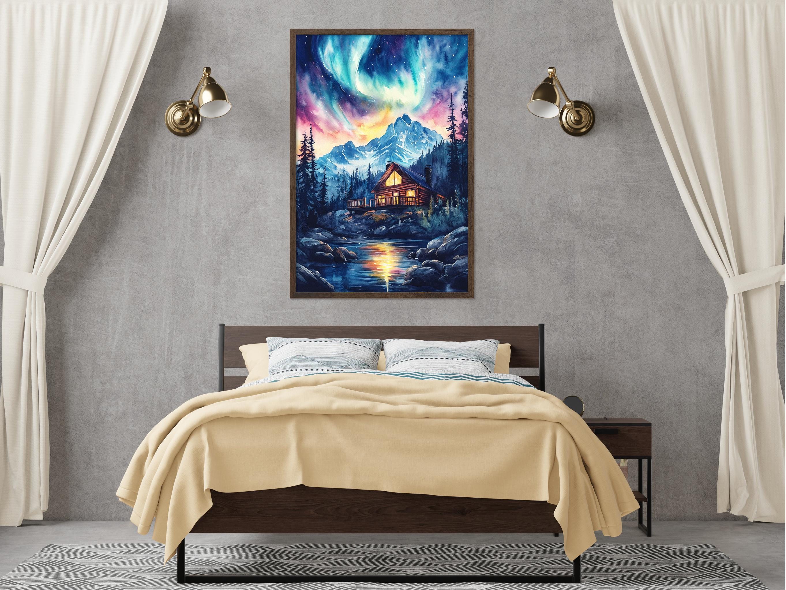 a bedroom with a large painting of a mountain landscape hanging on the wall above a bed with a yellow blanket.