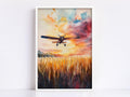 A watercolor painting depicting a small airplane flying over a field of golden wheat against a vibrant sunset sky.