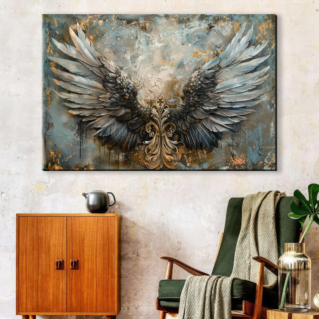 Angel Wings Wall Art – Large Canvas Art | Blue and Gold Painting, Ornate Feather Design