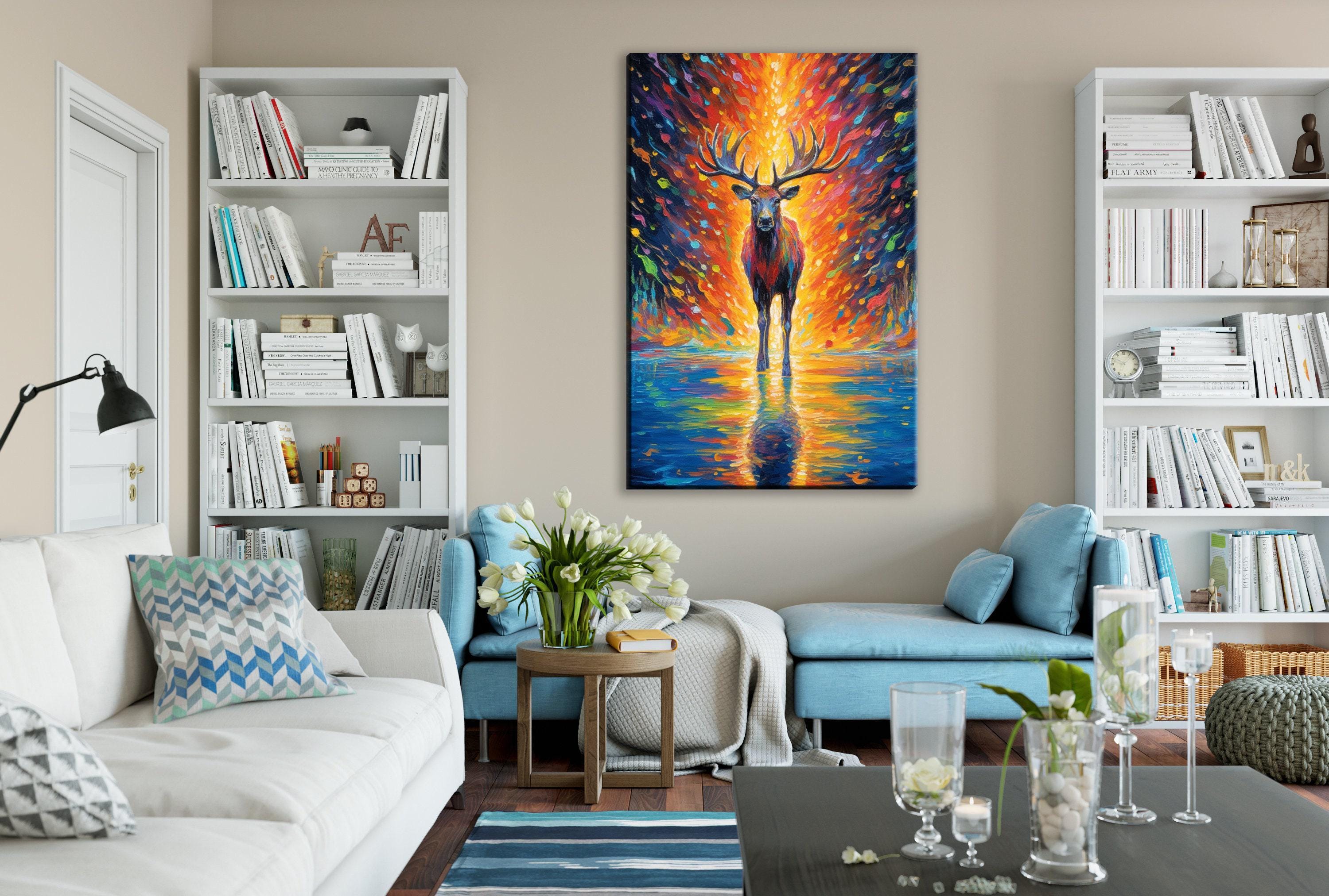 Colorful Reindeer Painting - Large Giclee Canvas Print | Holiday Wall Art