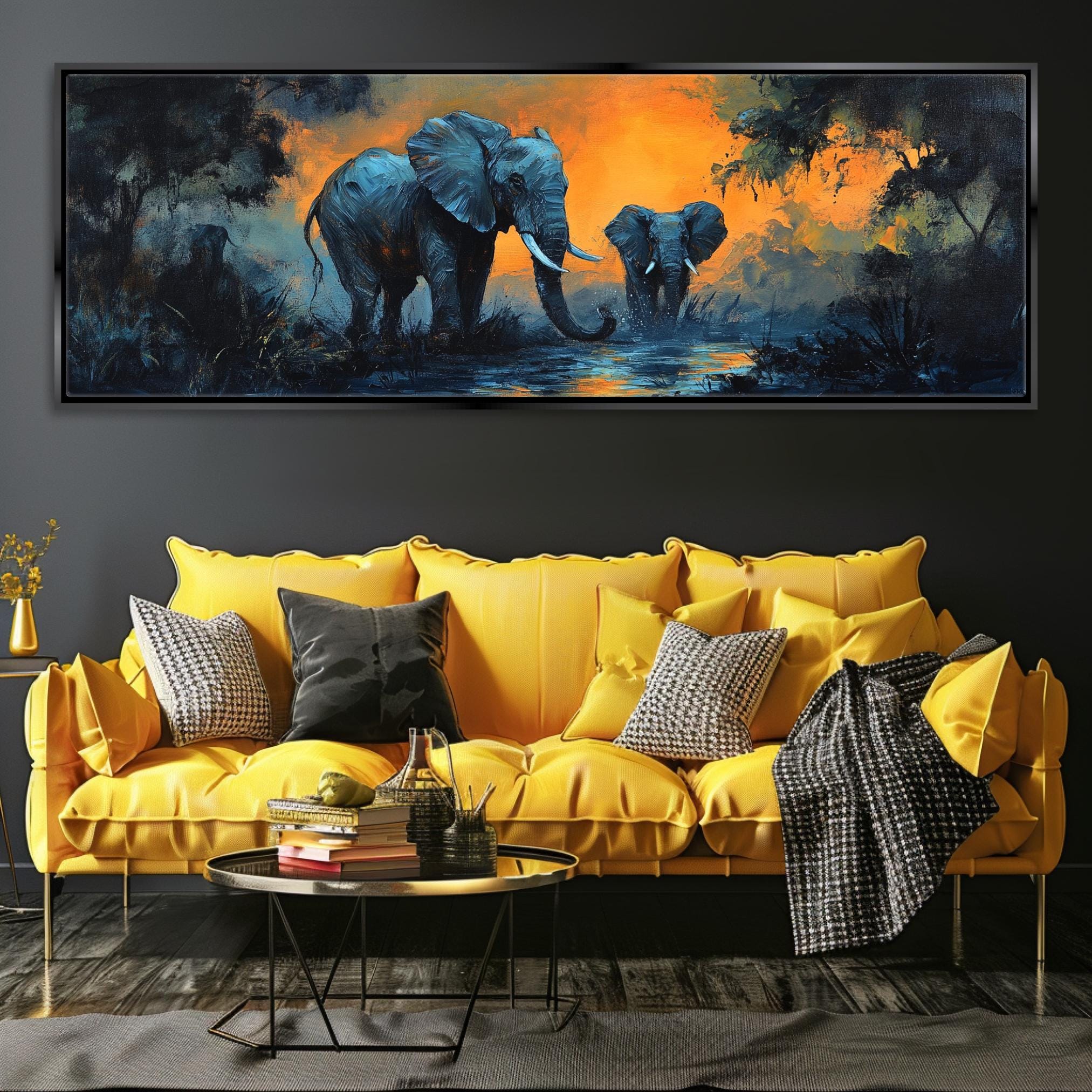 a living room with a yellow couch and a painting on the wall