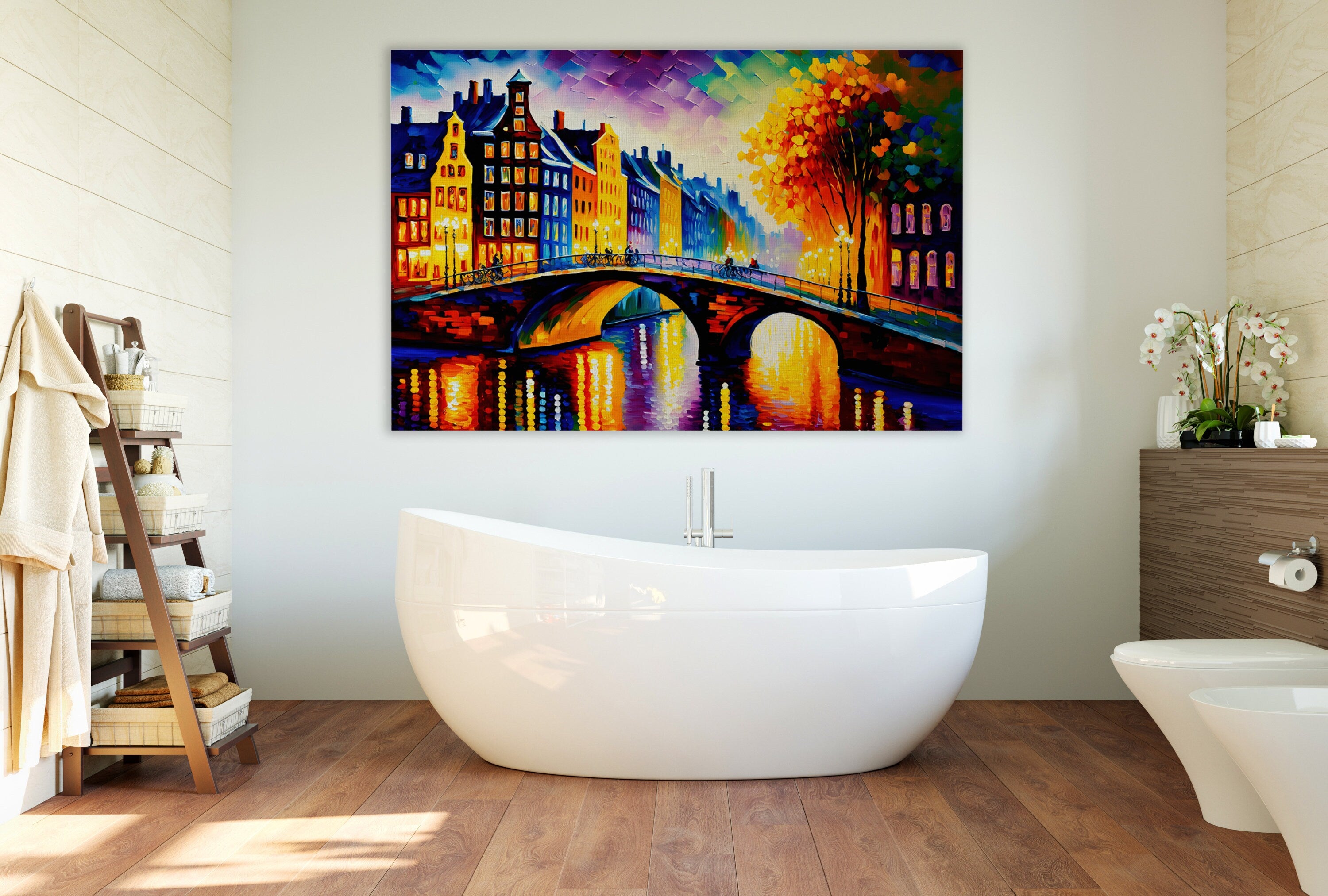 Amsterdam Canvas Art – Bridges of Amsterdam Vibrant Cityscape Painting on Gallery Ready Canvas
