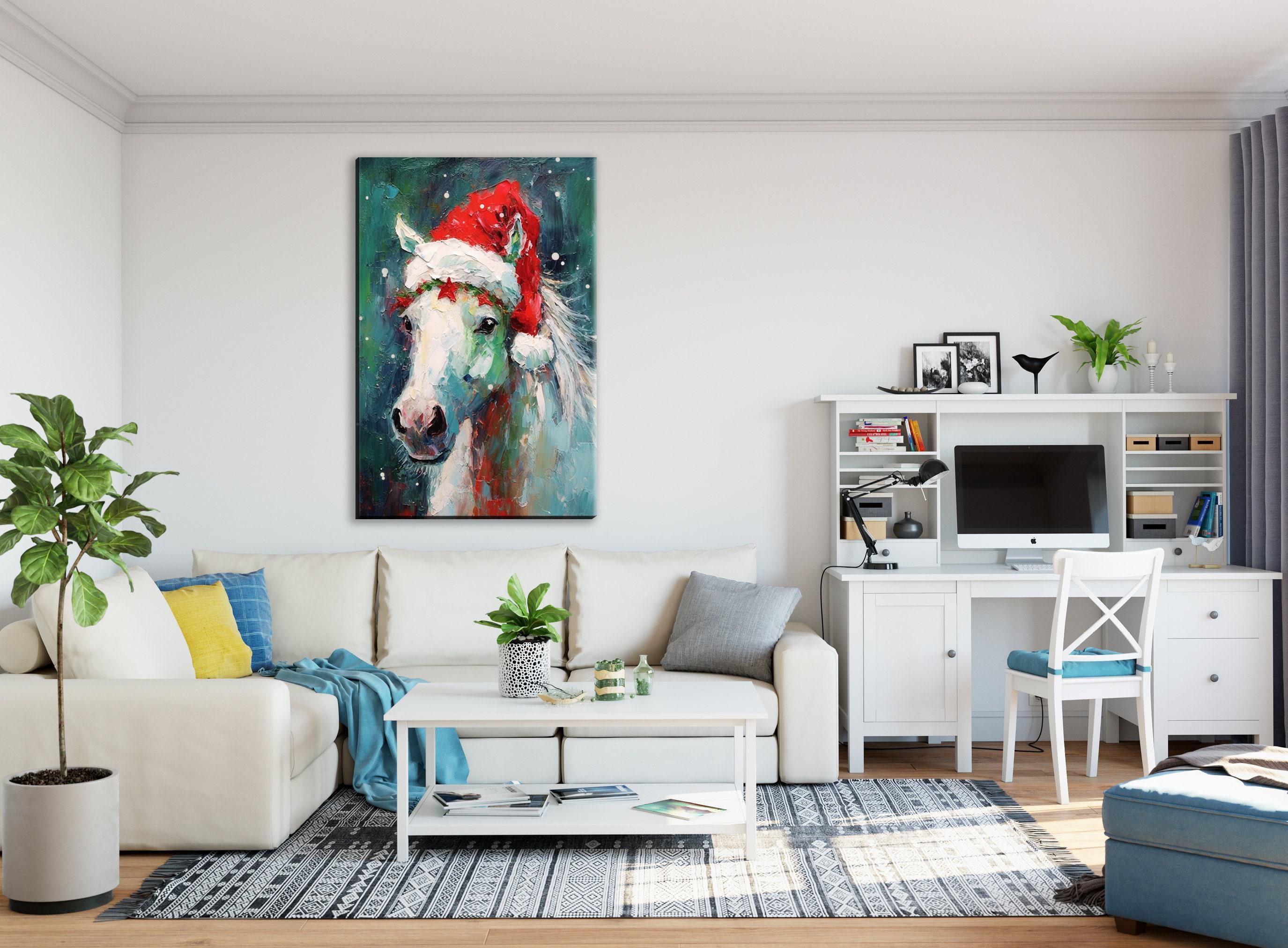 Horse Christmas Canvas - Festive Horse Painting on Gallery Wrapped Canvas for Holiday Home Decor