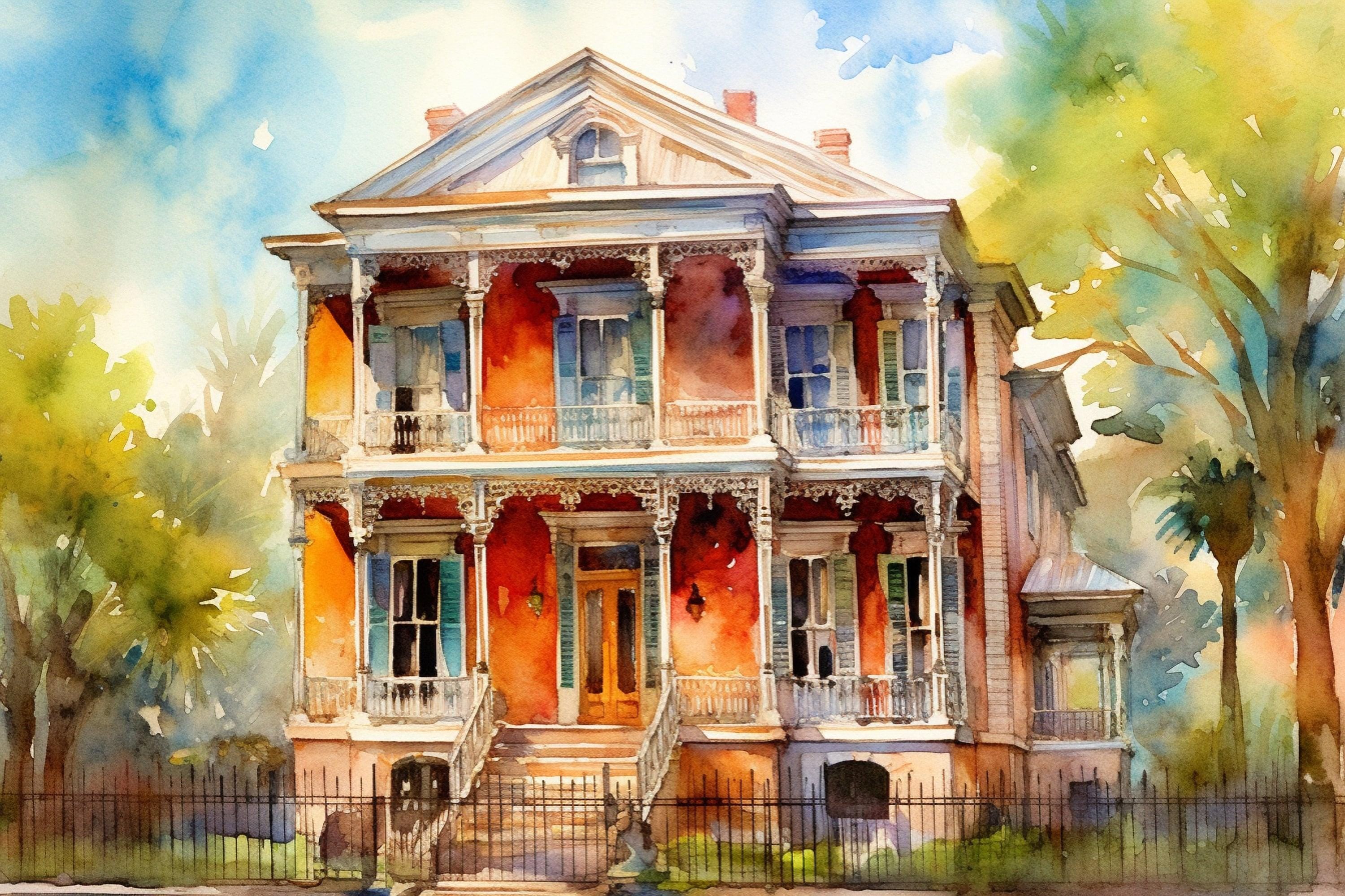 Charming New Orleans Home Watercolor Print – Giclee Print on Canvas, Artist Paper, Watercolor Paper, Available in Extra Large Sizes