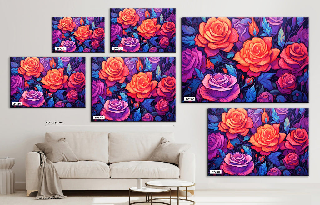 Canvas Wall Art – Neon Roses Floral Wall Decor on Large Gallery Ready Canvas Print
