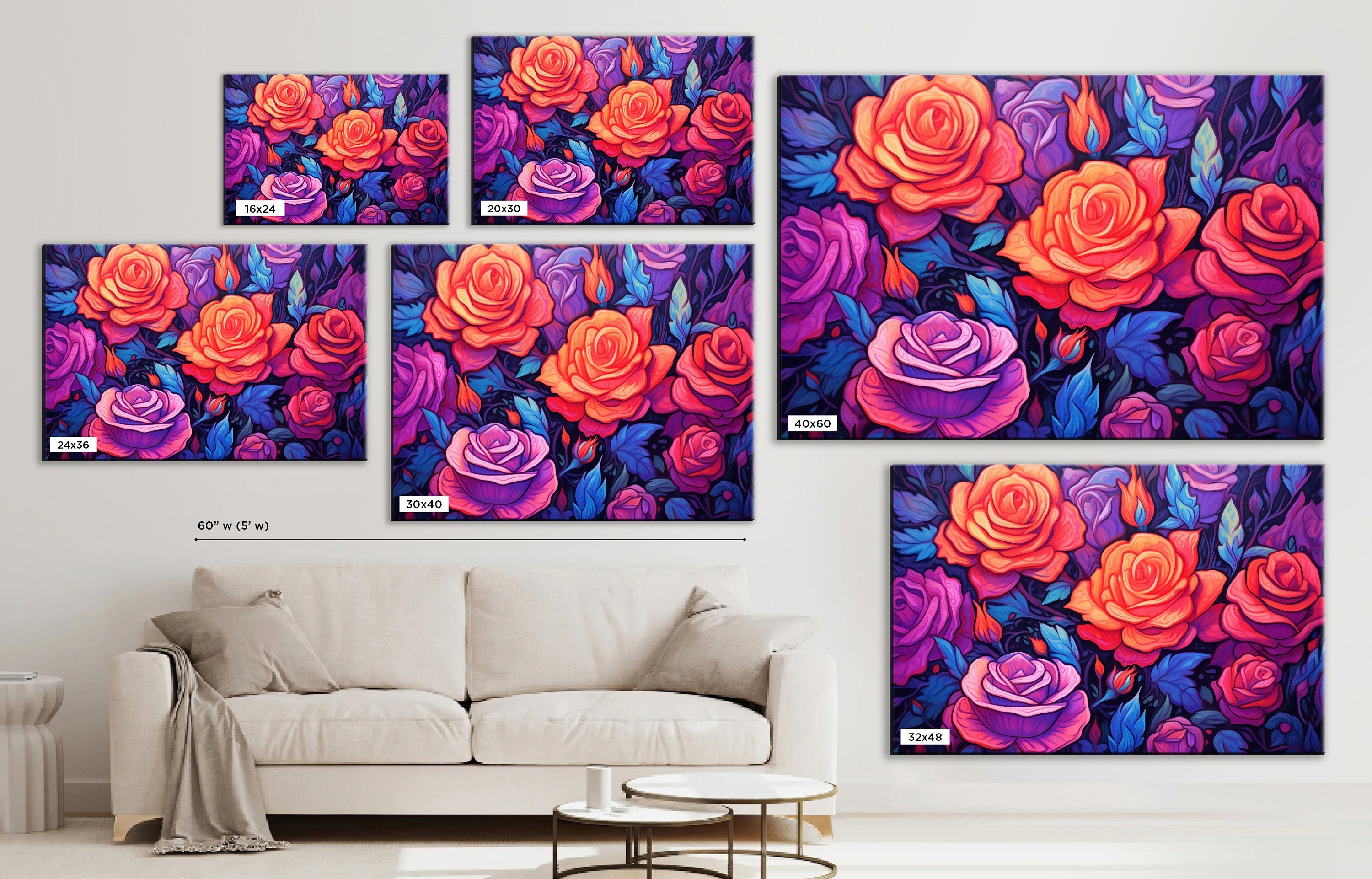 Canvas Wall Art – Neon Roses Floral Wall Decor on Large Gallery Ready Canvas Print