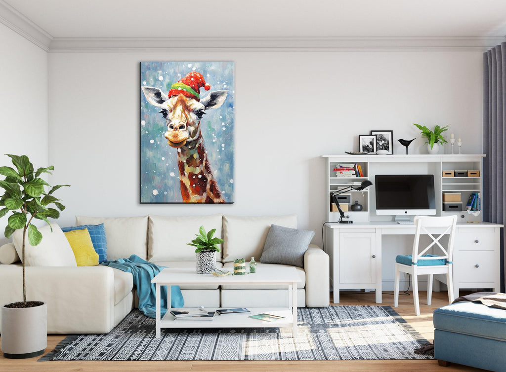 Giraffe In Santa Hat - Whimsical Christmas Canvas Art | Extra Large Gallery Wrapped Print