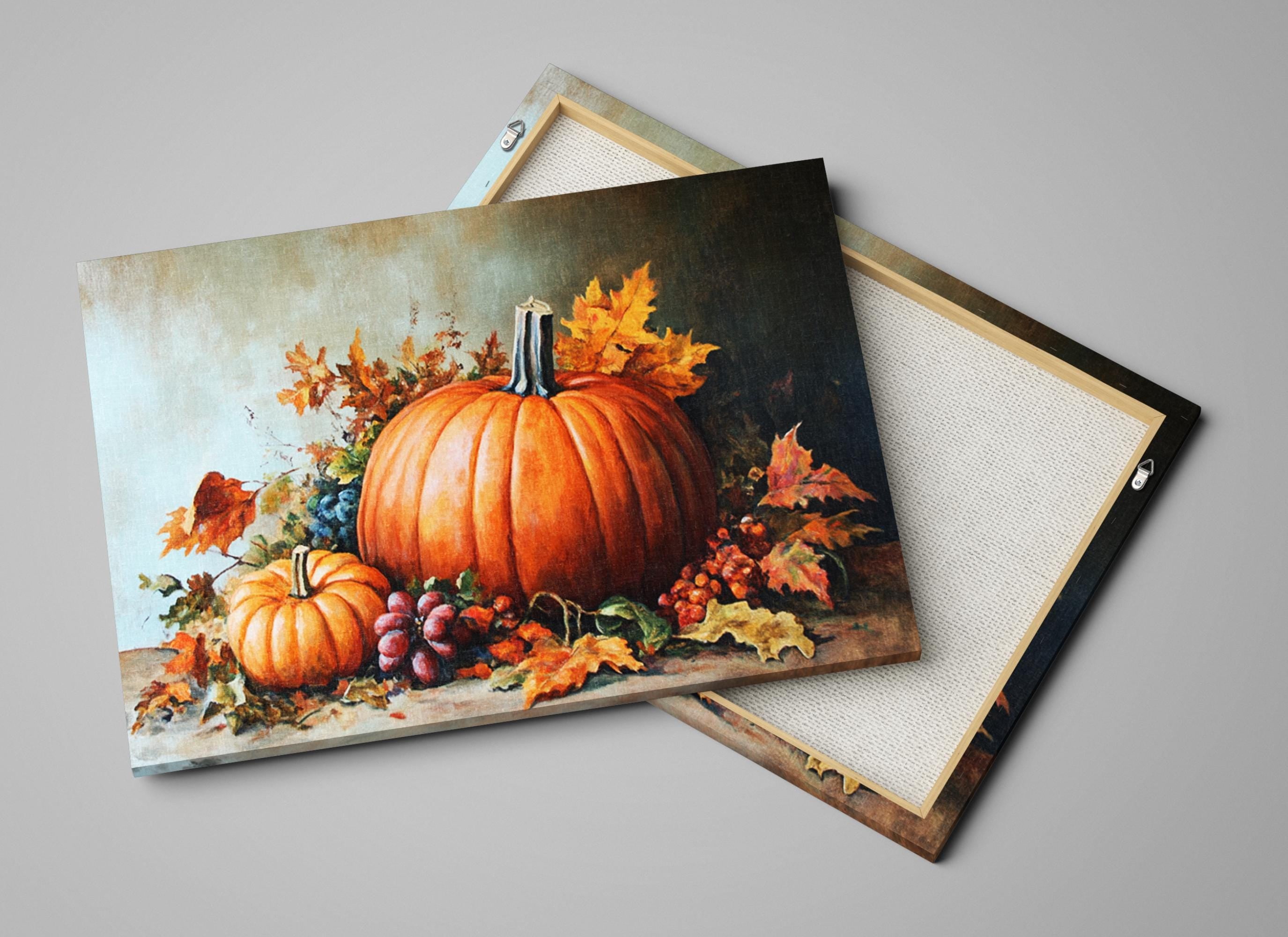 a still life painting of a pumpkin surrounded by autumn leaves, grapes, and other fruits on a table.
