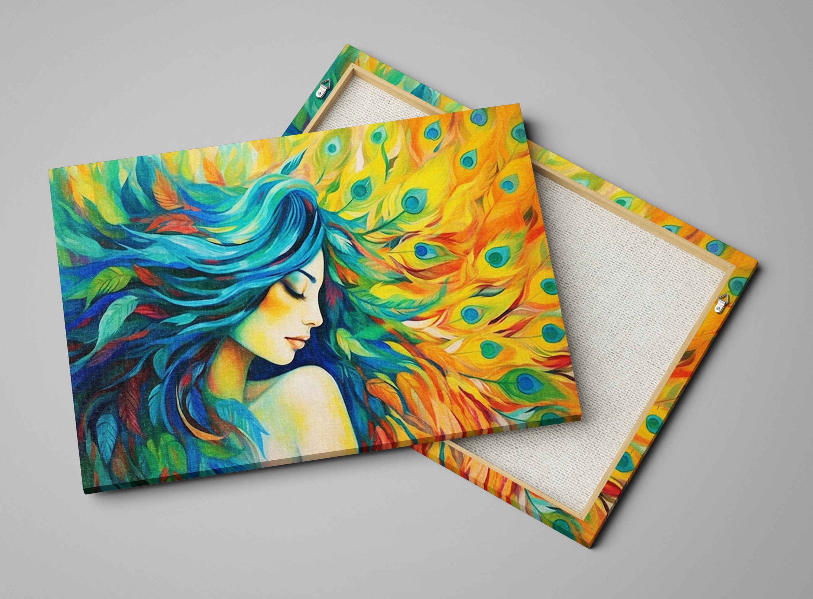 Peacock Feather Canvas - Elegant Woman Portrait Art | Large Gallery Ready Print