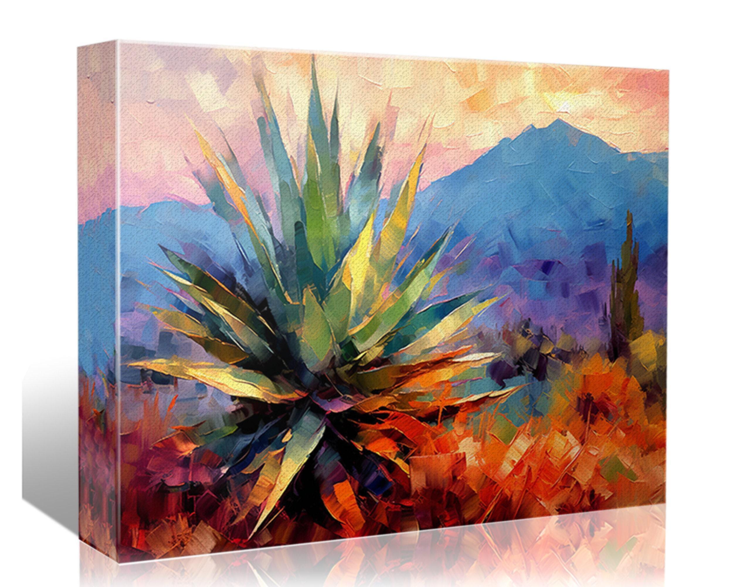 The image is a vibrant, colorful painting depicting a desert landscape with a large, spiky plant in the foreground. The background features mountains and a sky with warm, orange and pink hues, creating a striking contrast with the cool tones of the desert.