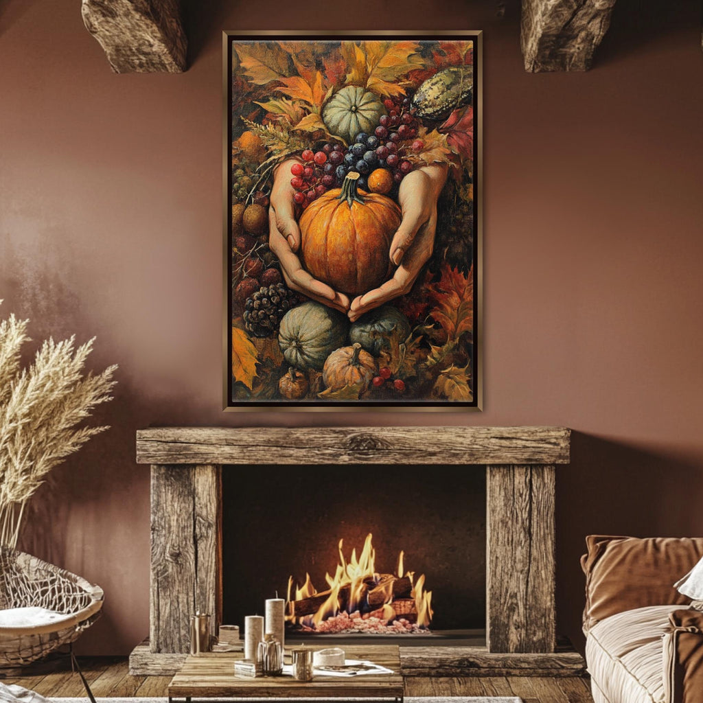 a cozy living room with a fireplace, a wooden mantel, and a painting of a hand holding a pumpkin surrounded by autumn leaves and fruits.