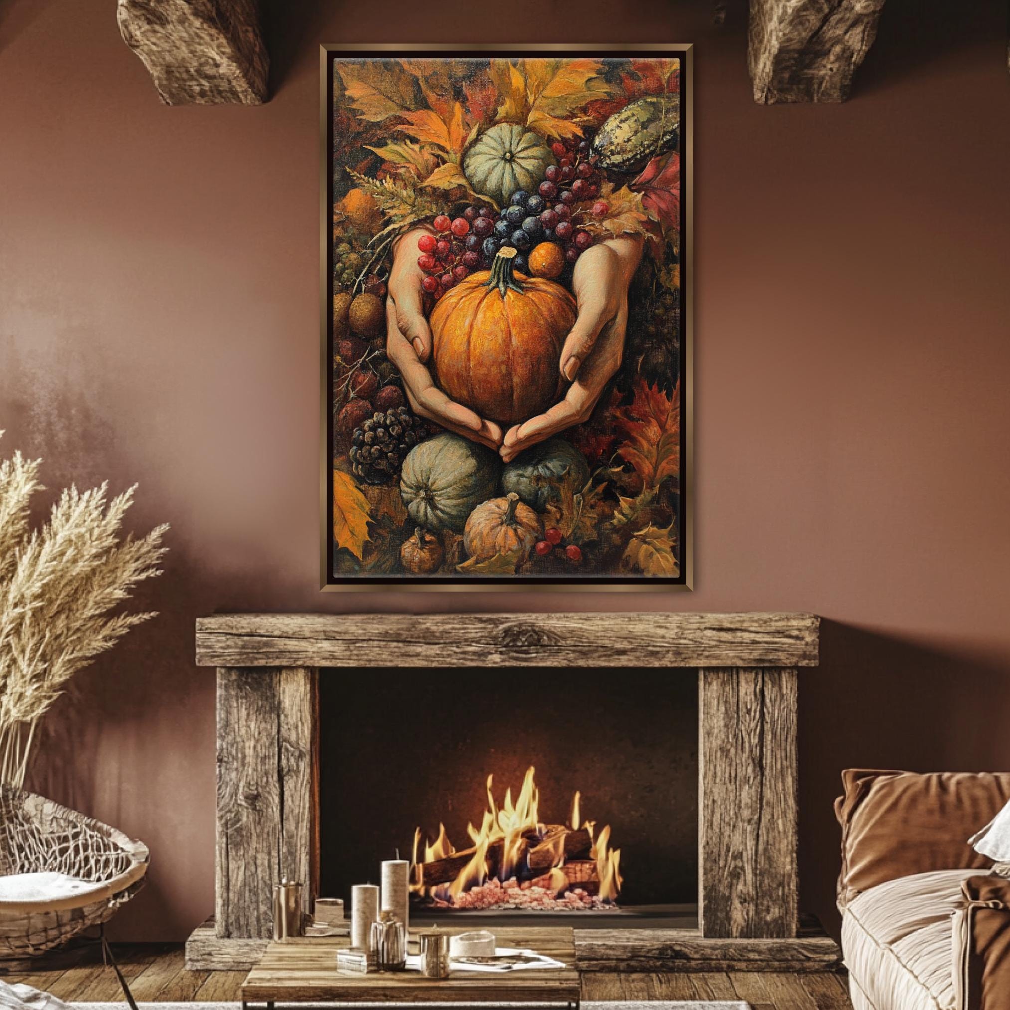 a cozy living room with a fireplace, a wooden mantel, and a painting of a hand holding a pumpkin surrounded by autumn leaves and fruits.