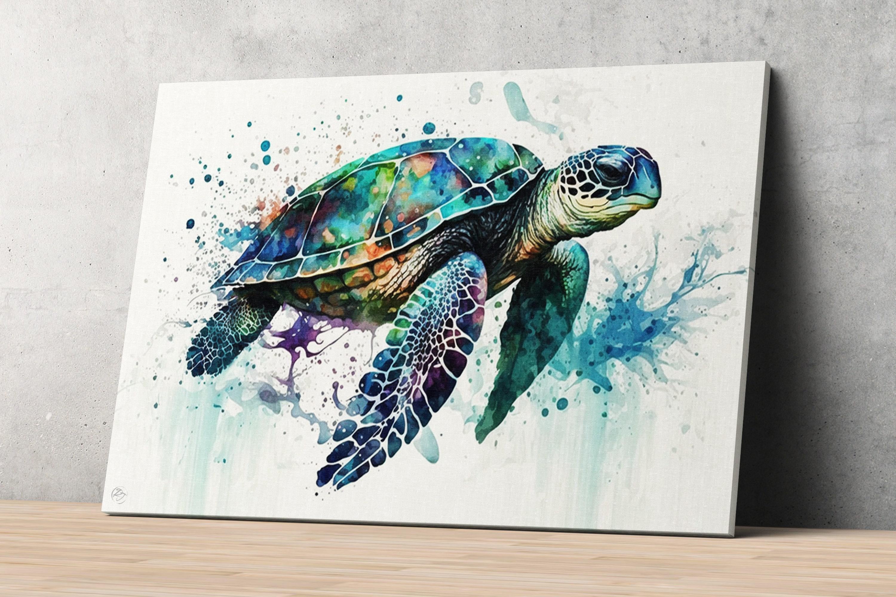 A colorful painting of a sea turtle swimming in the ocean, with splashes of water and paint creating a vibrant and dynamic scene.