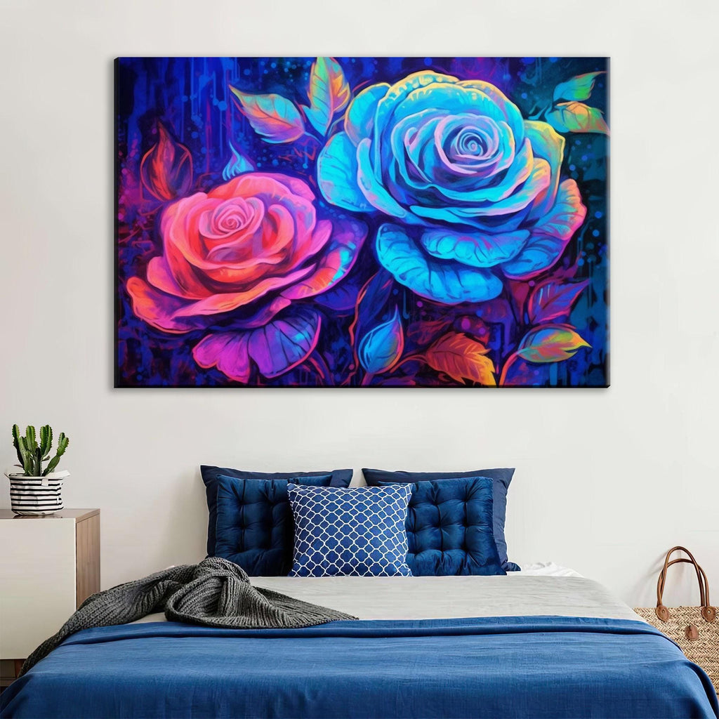 Neon Oil Painting - Large Canvas Wall Art | Colorful Roses Art, Blacklight Style