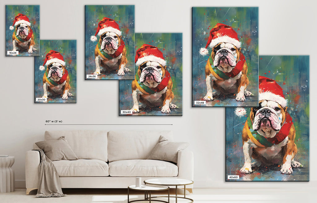 English Bulldog Christmas Art – Festive Dog Painting on Gallery Wrapped Canvas, Large Holiday Canvas