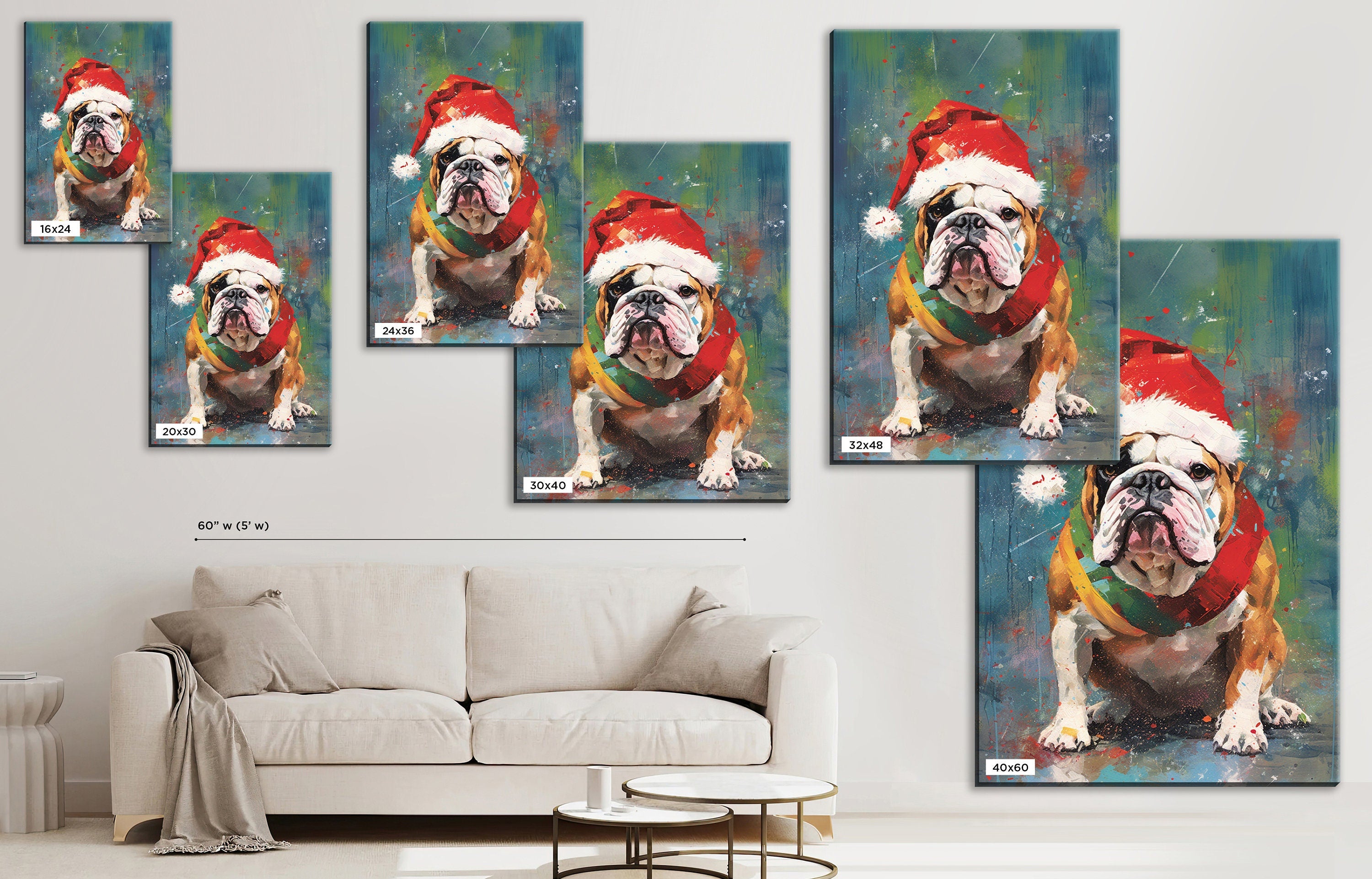 English Bulldog Christmas Art – Festive Dog Painting on Gallery Wrapped Canvas, Large Holiday Canvas