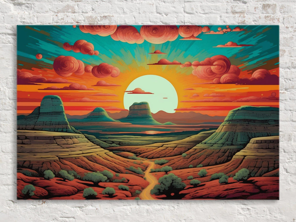 A vibrant and colorful illustration depicting a desert landscape with mountains, a winding path, and a large sun in the sky.