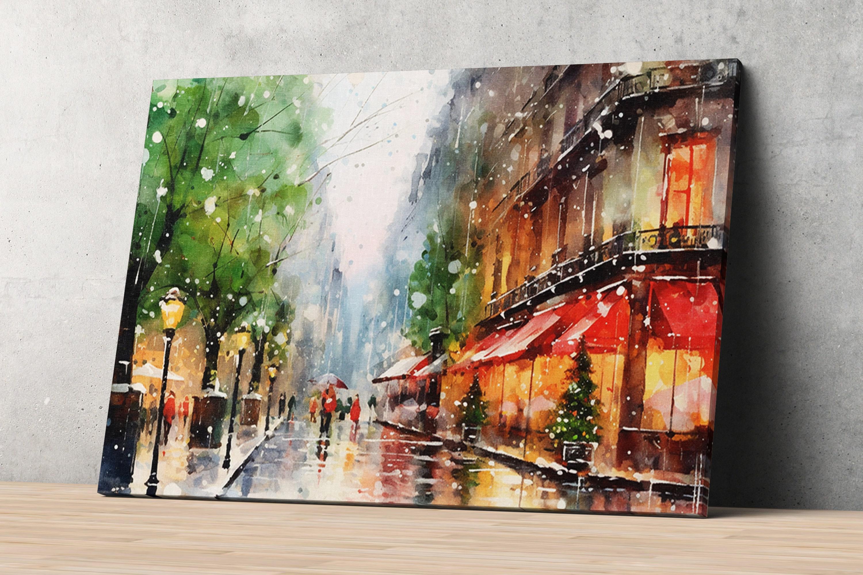 Snowy Christmas Town Watercolor - Rustic Holiday Decor, Print on Canvas, Artist Paper, Watercolor Paper, Available in Extra Large Sizes