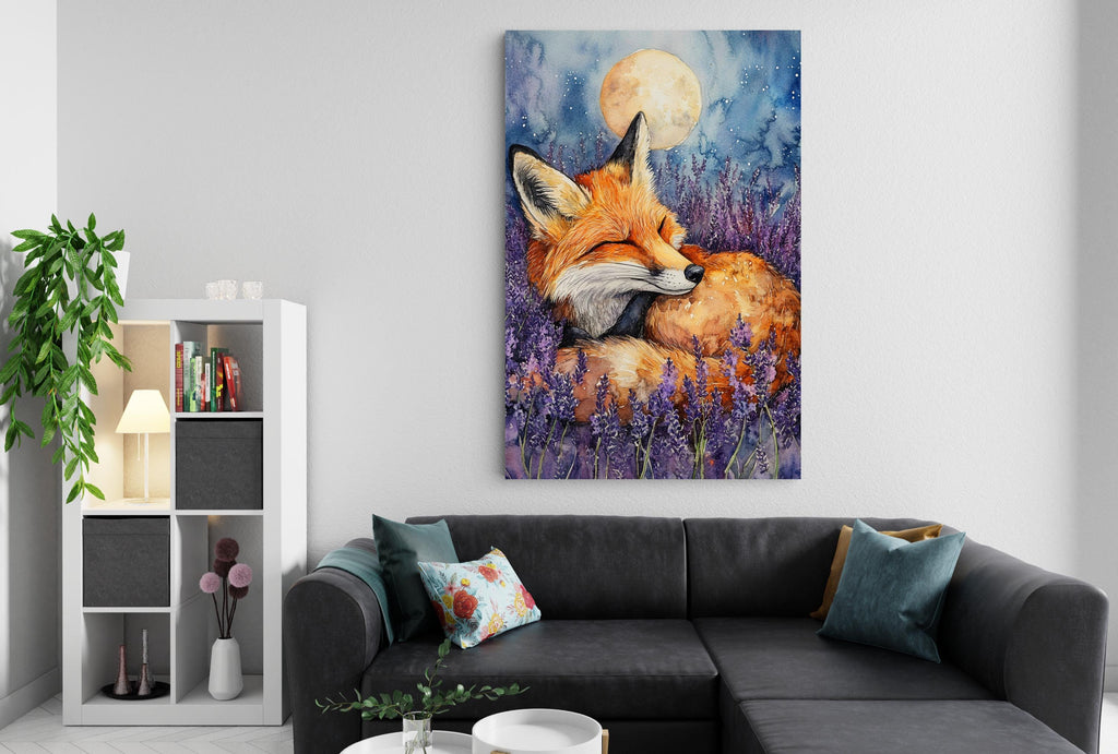 a cozy living room with a large painting of a sleeping fox in a field of purple flowers hanging on the wall above a black couch.