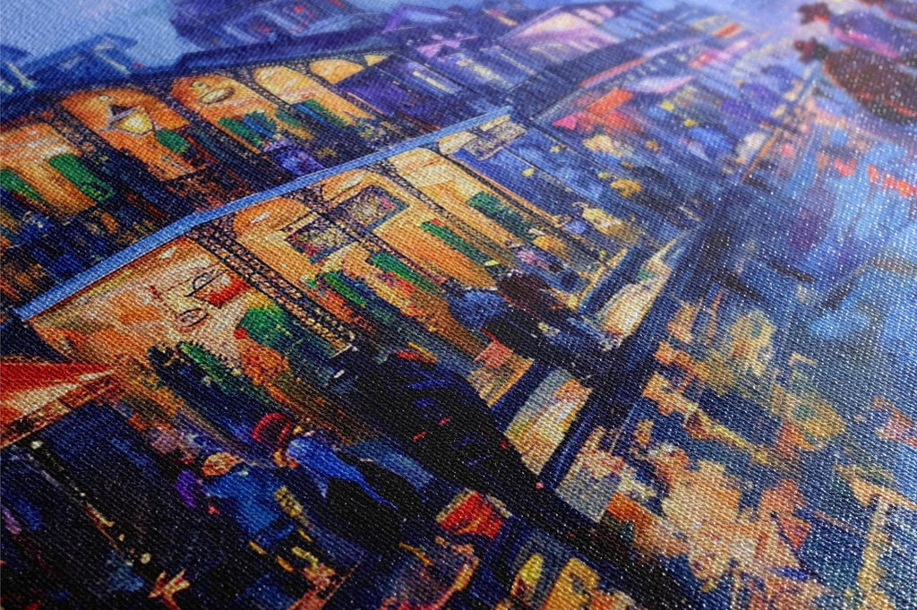 The image is a vibrant, colorful painting depicting a lively street scene with people and buildings in various shades of blue, orange, and yellow.