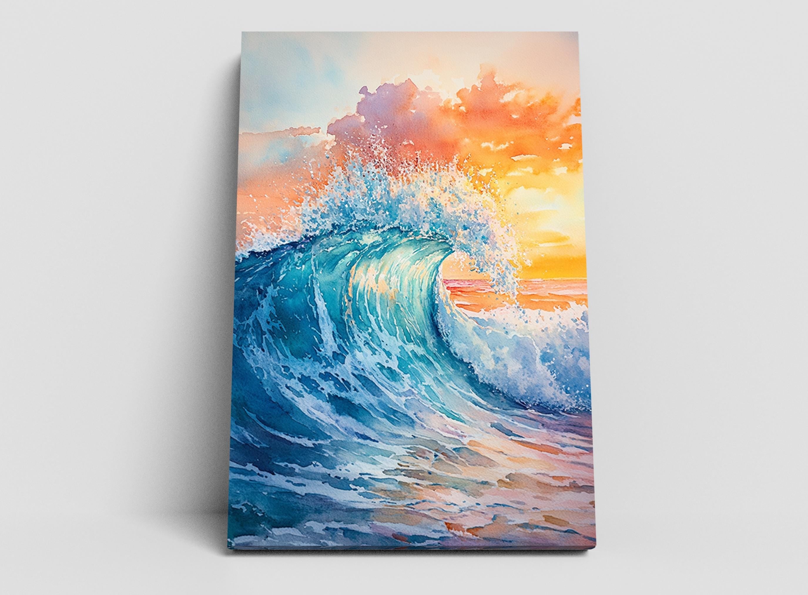 a large, powerful wave crashing against the shore, with the sky above displaying a beautiful sunset.