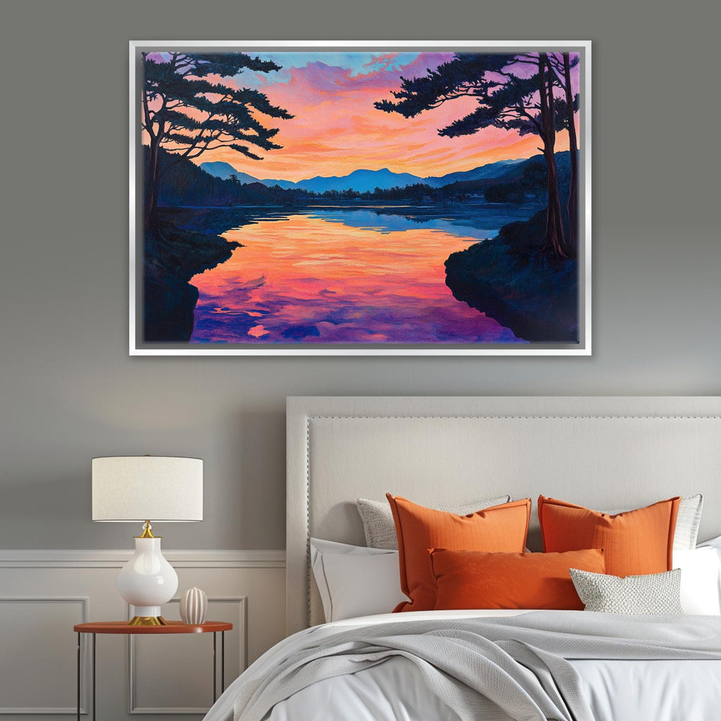a bedroom scene with a bed and a painting on the wall