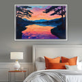 a bedroom scene with a bed and a painting on the wall