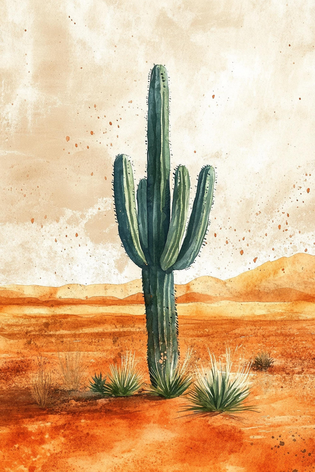 A tall cactus stands in a desert landscape, surrounded by small shrubs and set against a backdrop of orange and brown terrain.