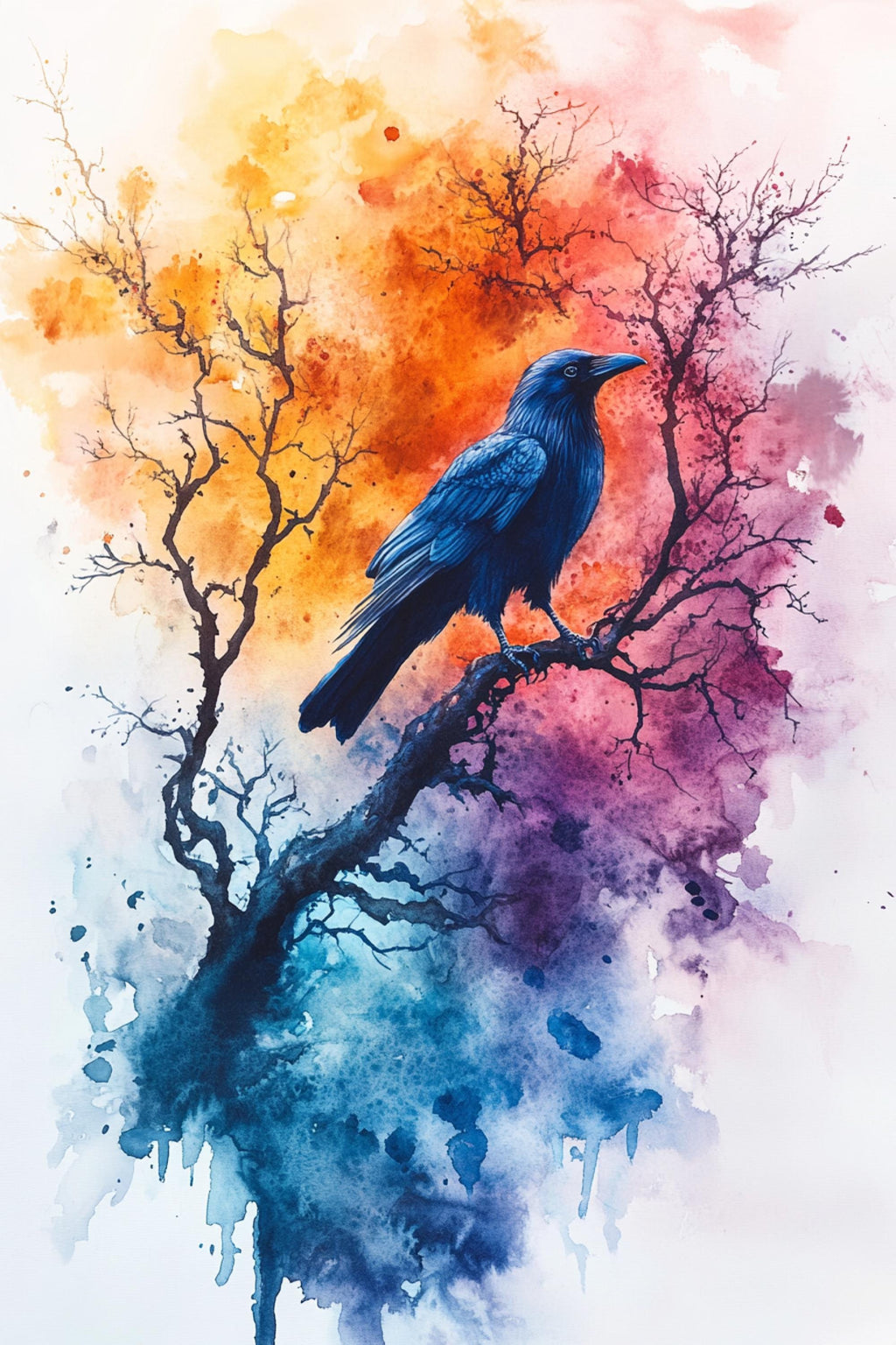 A blue bird perches on a branch against a vibrant, colorful sky.