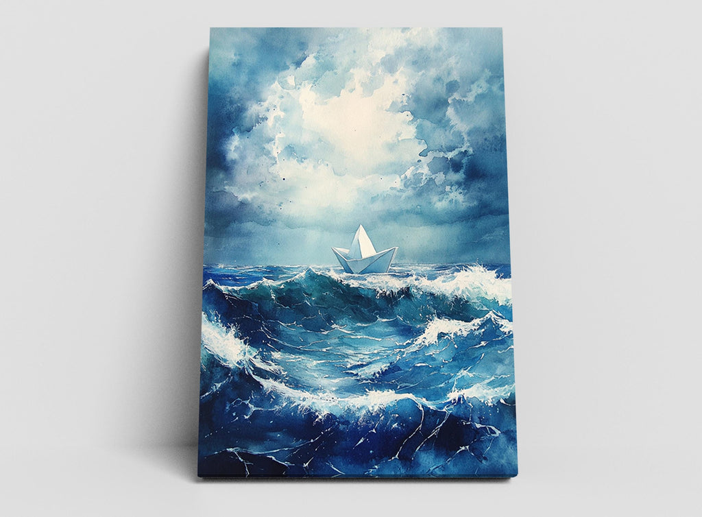 a white paper boat sailing on a stormy sea, with large waves crashing around it.