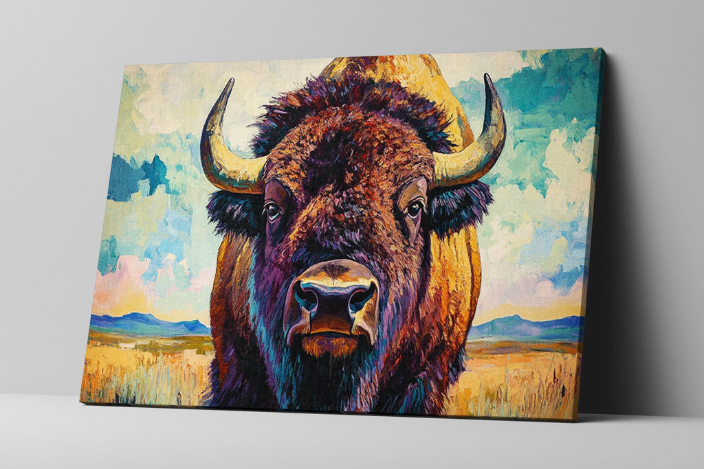 A painting of a bison with large horns, set against a colorful landscape with mountains in the background.