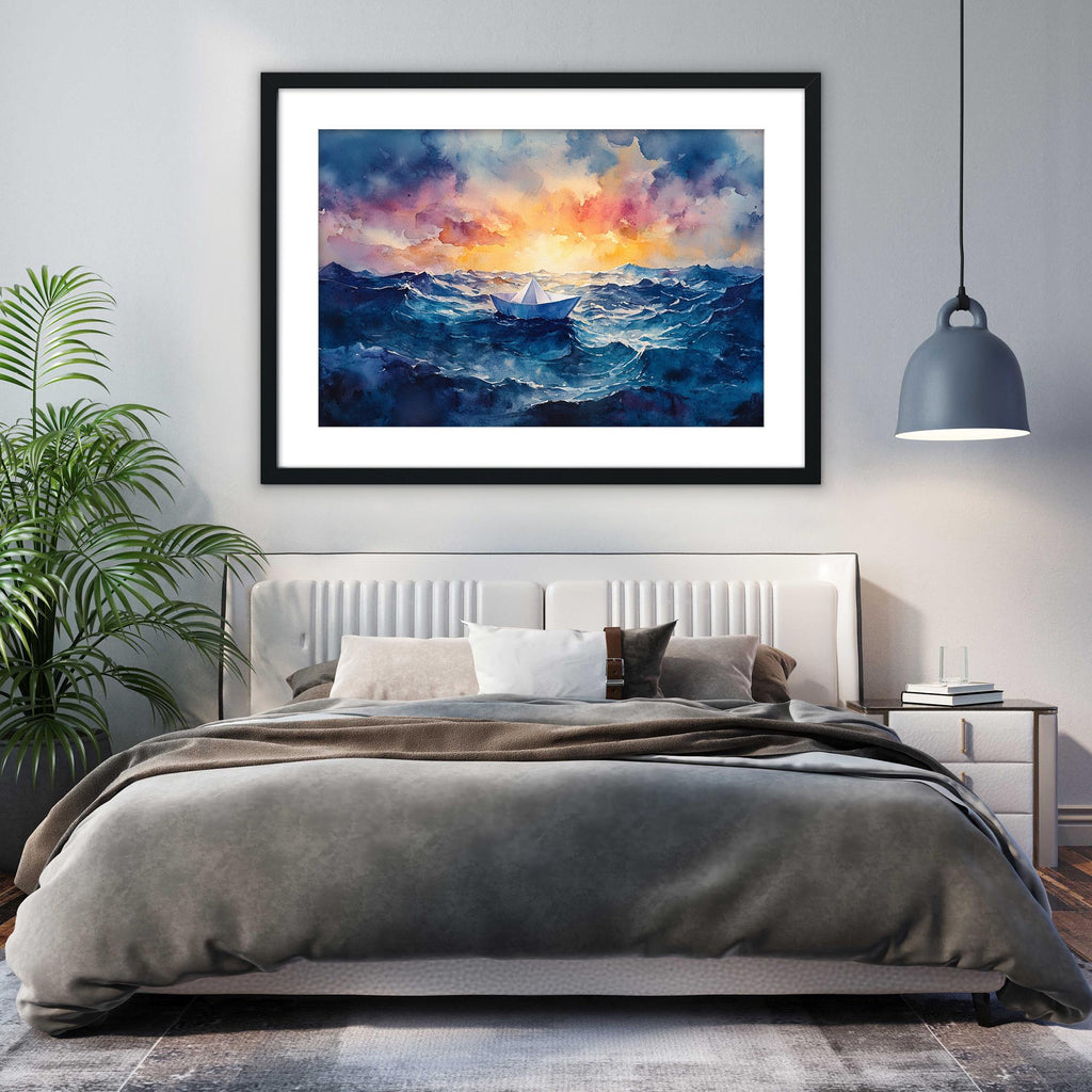 a large, white bed with a gray comforter and pillows, set against a backdrop of a framed painting depicting a serene ocean scene with a sunset. The painting is hung above the bed, creating a focal point in the room.