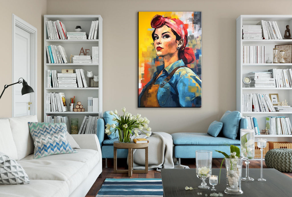 a cozy living room with a large, colorful painting of a woman's portrait hanging on the wall. The room is furnished with a white sofa, a blue armchair, and a wooden coffee table. The walls are adorned with numerous bookshelves filled with books, and the room is decorated with vases, candles, and other decorative items.