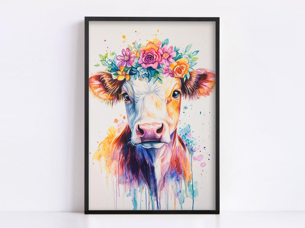 A framed watercolor painting depicting a cow with a colorful floral crown on its head.