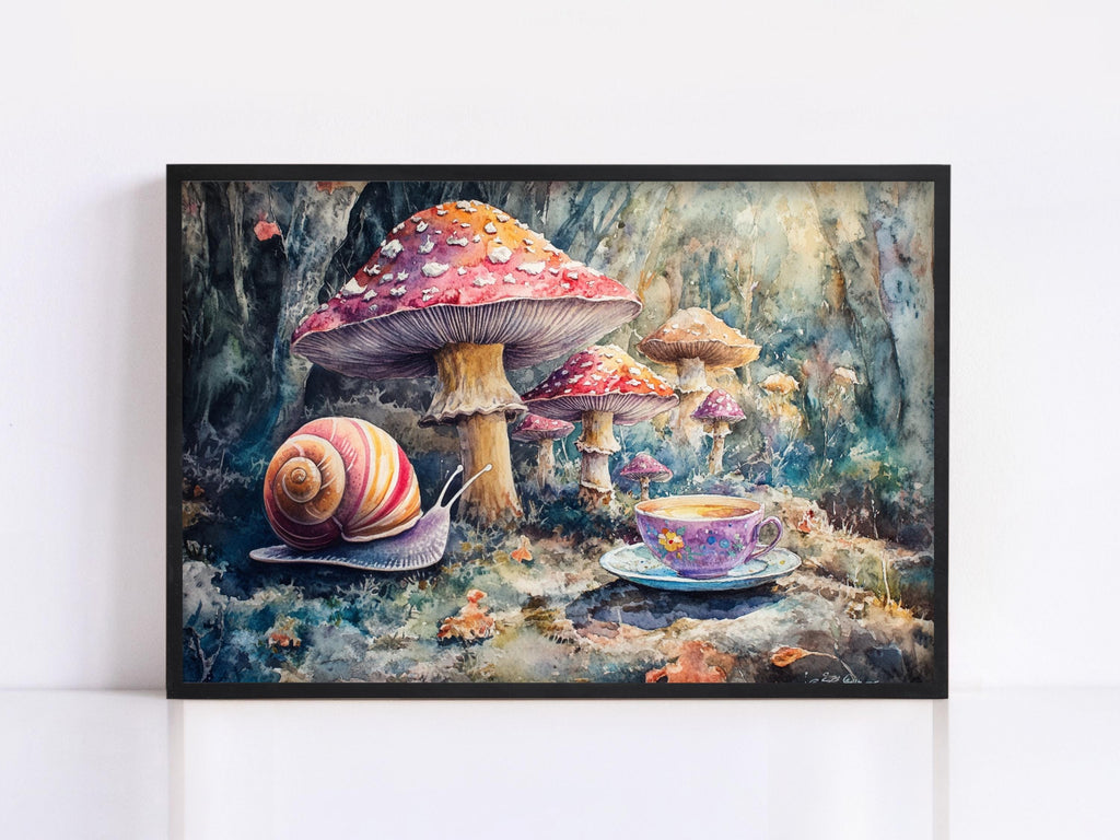 A whimsical painting depicting a snail in a forest setting, with a cup of tea on a rock nearby, surrounded by mushrooms and other fantastical elements.