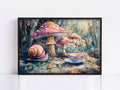 A whimsical painting depicting a snail in a forest setting, with a cup of tea on a rock nearby, surrounded by mushrooms and other fantastical elements.