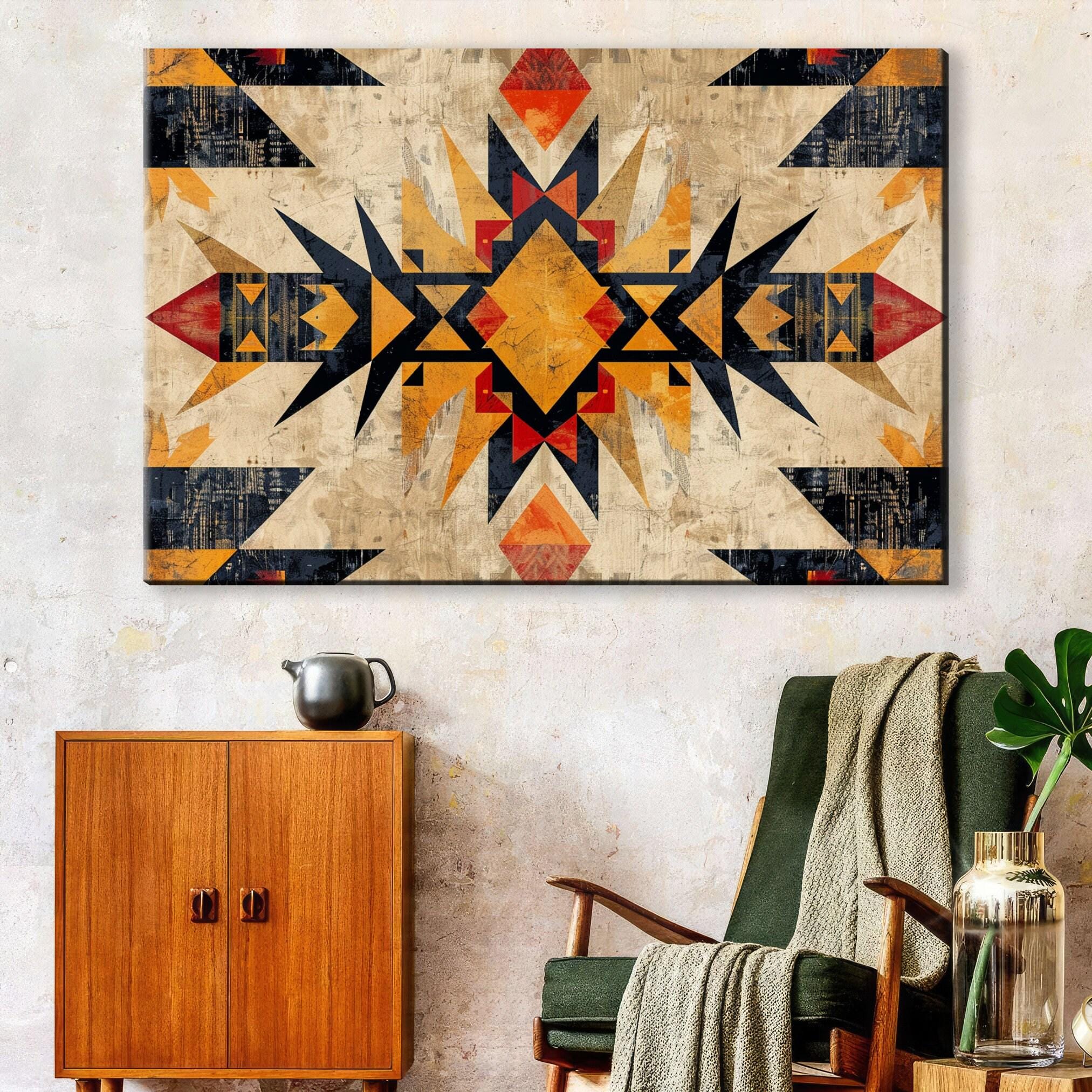 Native American Wall Art – Extra Large Tribal Pattern Decor on Gallery Wrapped Canvas
