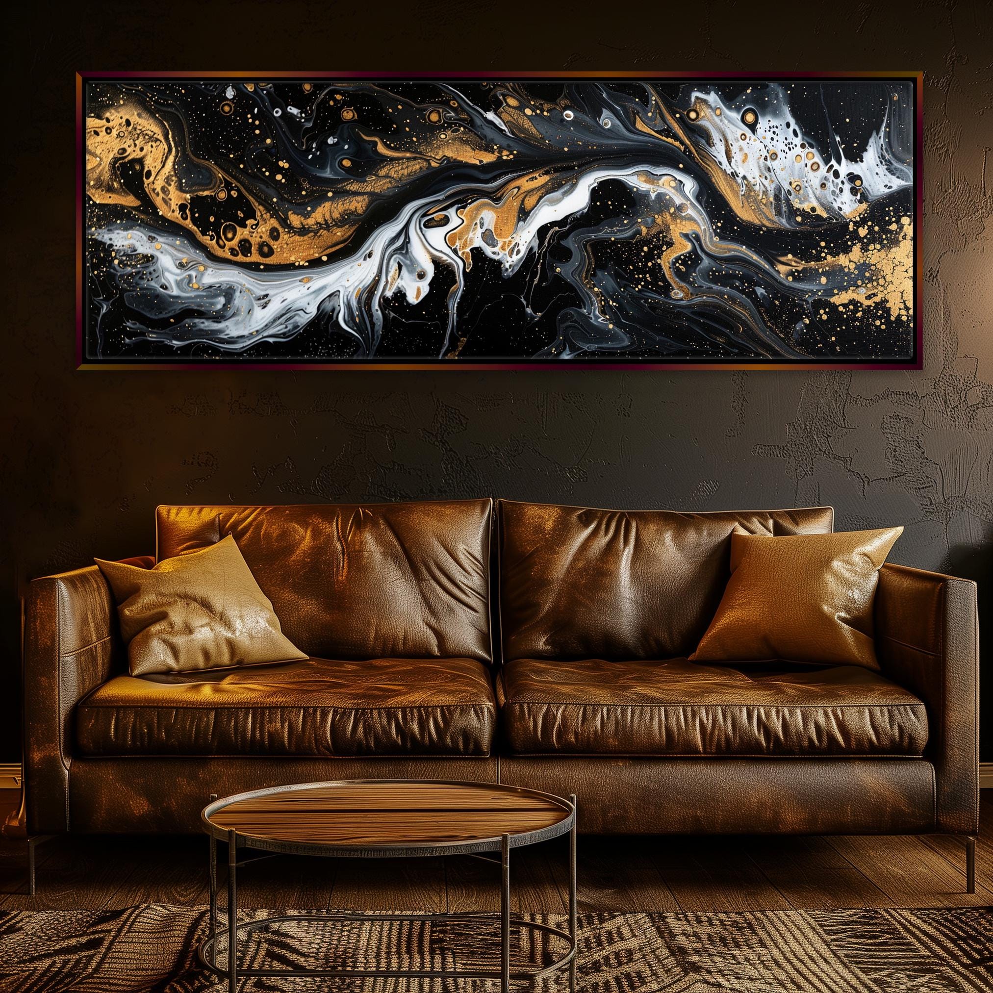 a living room with a couch and a painting on the wall